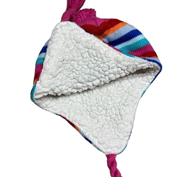 Lands End Pink striped Peruvian fleece lined bobble hat - Picture 2 of 5